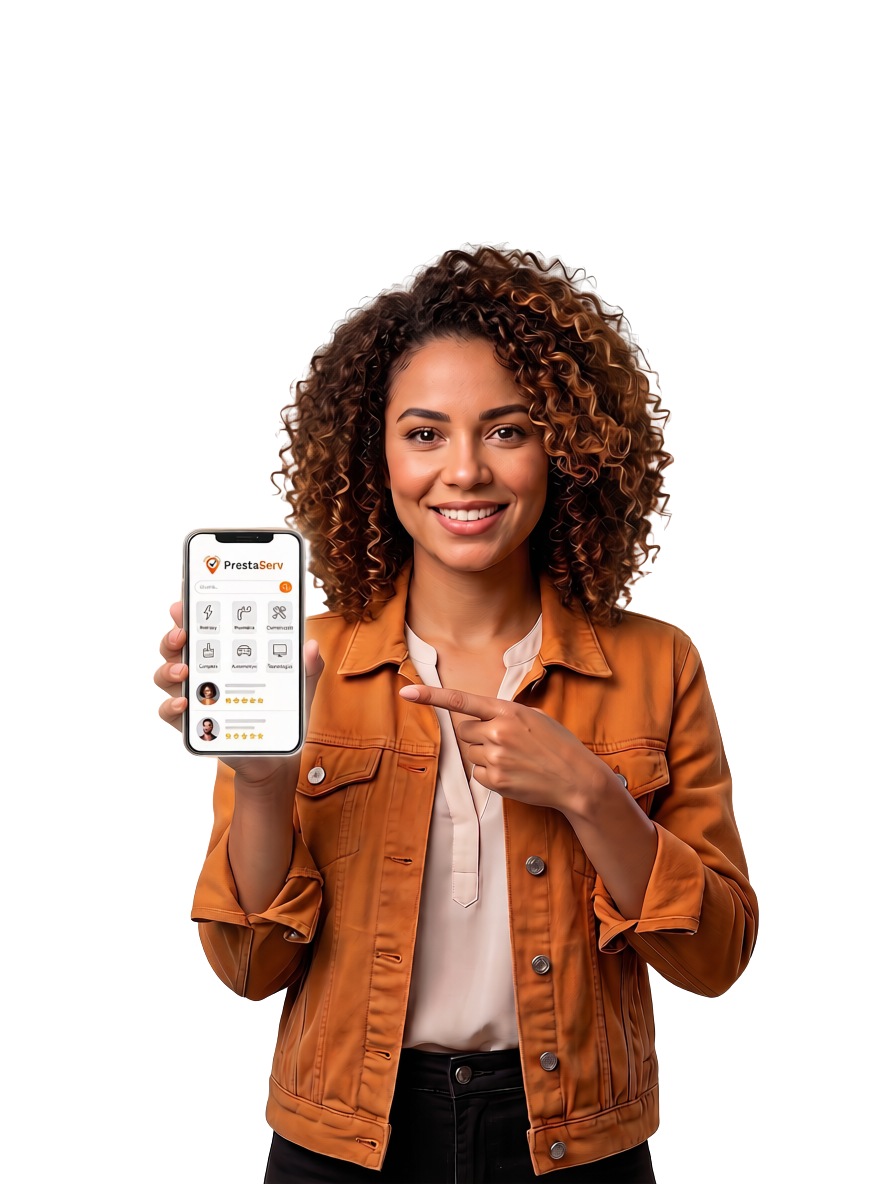 Profissional apresentando o app PrestaServ no celular